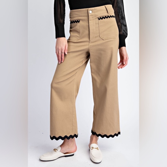 eesome Pants - Ric Rac Trim Soft Wash Wide Leg Pants - eesome